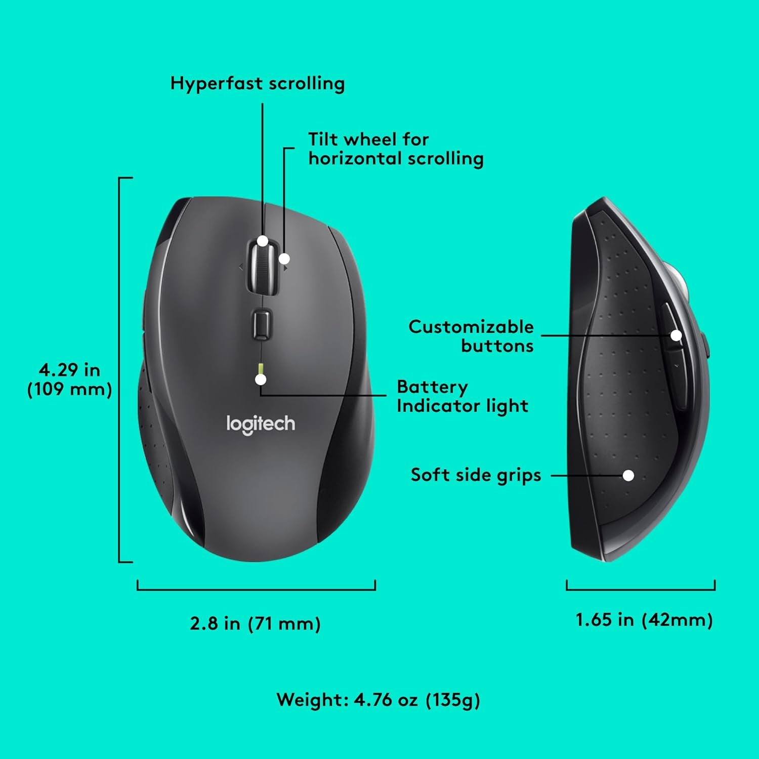 M705 Marathon Wireless Mouse, 2.4 Ghz USB Unifying Receiver, 1000 DPI, 5-Programmable Buttons, 3-Year Battery, Compatible with PC, Mac, Laptop, Chromebook - Black