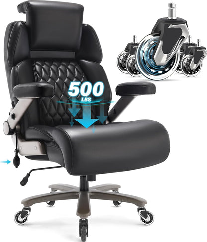 Big and Tall Office Chair 500Lbs - Adjustable Headrest&Lumbar Support, 3D Flip Arms, Large Wheels &Heavy Duty Metal Base, Ergonomic High Back Computer Chair Desk Chair, Thick Padded Extra Wide Seat